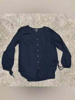 The Limited Navy V-Neck Blouse with Snap Detail